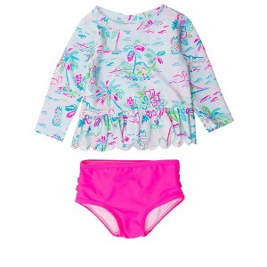 RuffleButts Girls UPF50+ Sun Protected Scallop Hem Long Sleeve Rash Guard Bikini - 1 of 3