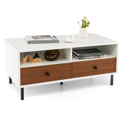 Tangkula Coffee Table Modern Rectangle W/ Storage Shelf & Drawers ...