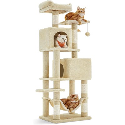 61-Inch Plush Multi-Level Cat Condo with 5 Scratching Posts, 2 Perches, 2 Caves, Hammock