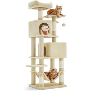 61-Inch Plush Multi-Level Cat Condo with 5 Scratching Posts, 2 Perches, 2 Caves, Hammock - 1 of 4