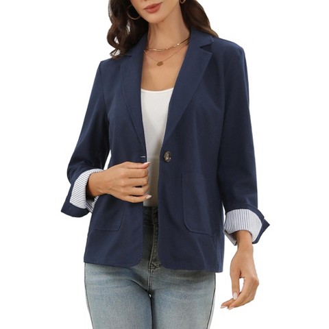 INSPIRE CHIC Women's Cotton Linen Business Casual One Button Work Office Suit Blazer Small Navy Blue