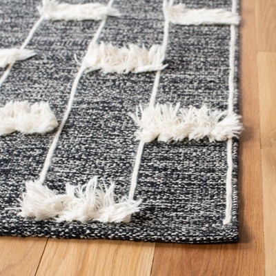 Black and White Striped Wool Cotton Kilim Runner Rug