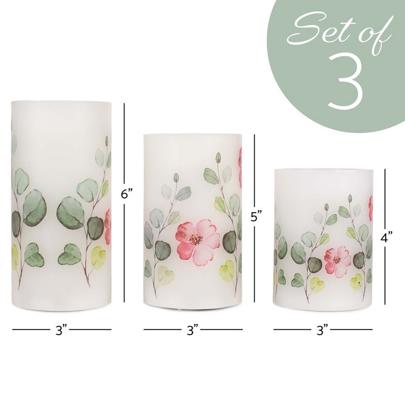 Elanze Designs Floral Pink and Green 6 inch Wax LED Flameless Pillar Candles Set of 3, 2 of 6