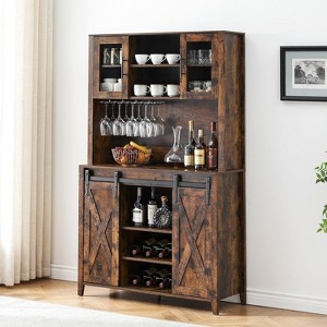 Coffee Bar Wine Cabinet with Sliding Barn Doors, 70" Tall Farmhouse Kitchen Hutch with Wine & Glasses Rack and Storage, Pantry Cabinet - 1 of 4