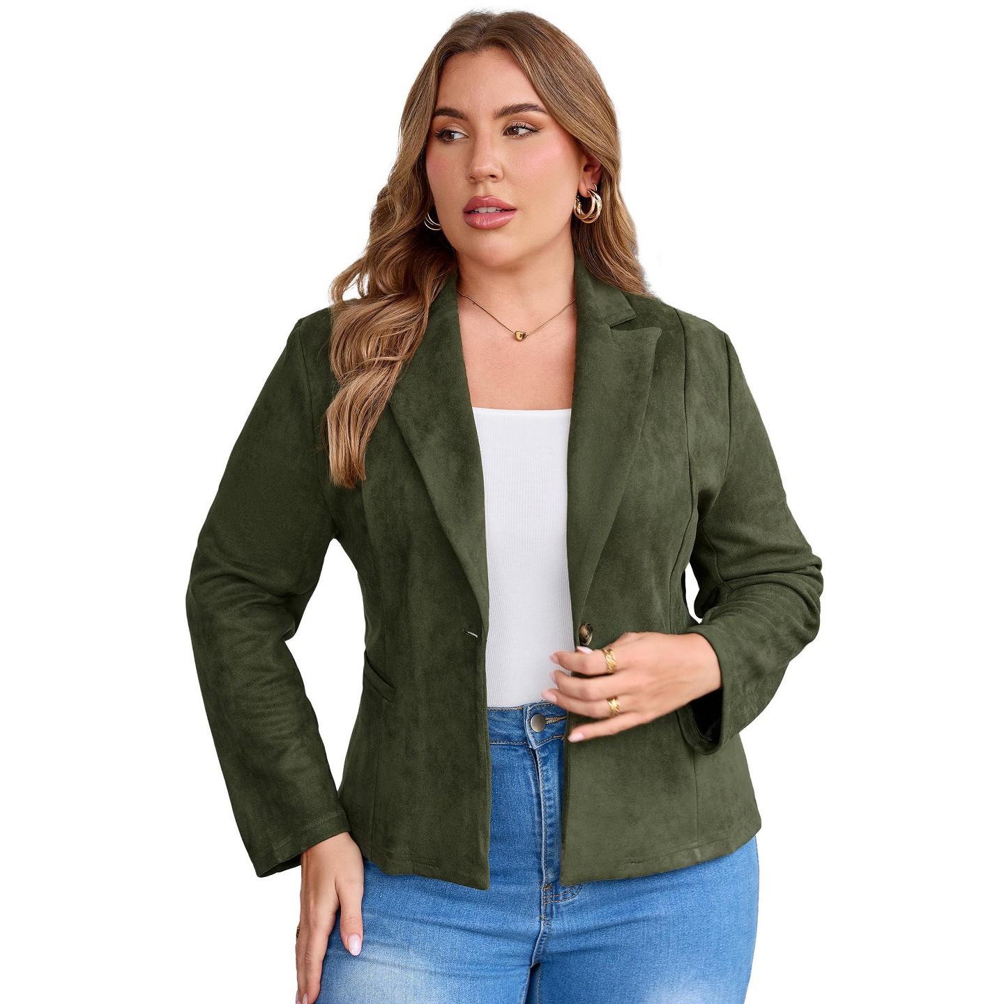 Женская куртка YesFashion Women Plus Size Blazer Jacket, Notched Lapel Single‑Button Suit Coat, Long Sleeve Business Casual Outerwear — фото 1