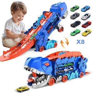 Skirfy Dinosaur Carrier Truck with 8 Metal Cars, 3-in-1 Dinosaur Truck with Sliding Race Tracks, Transforms into Triceratops - 1 of 4