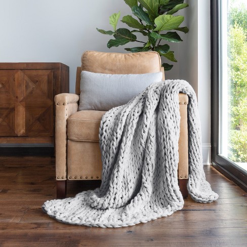 Chunky Knit Handmade Throw Blanket Becky Cameron Light Gray