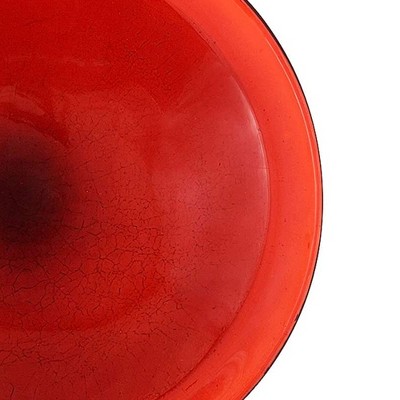 Red Hand Blown Crackle Glass Birdbath with Wrought Iron Stand
