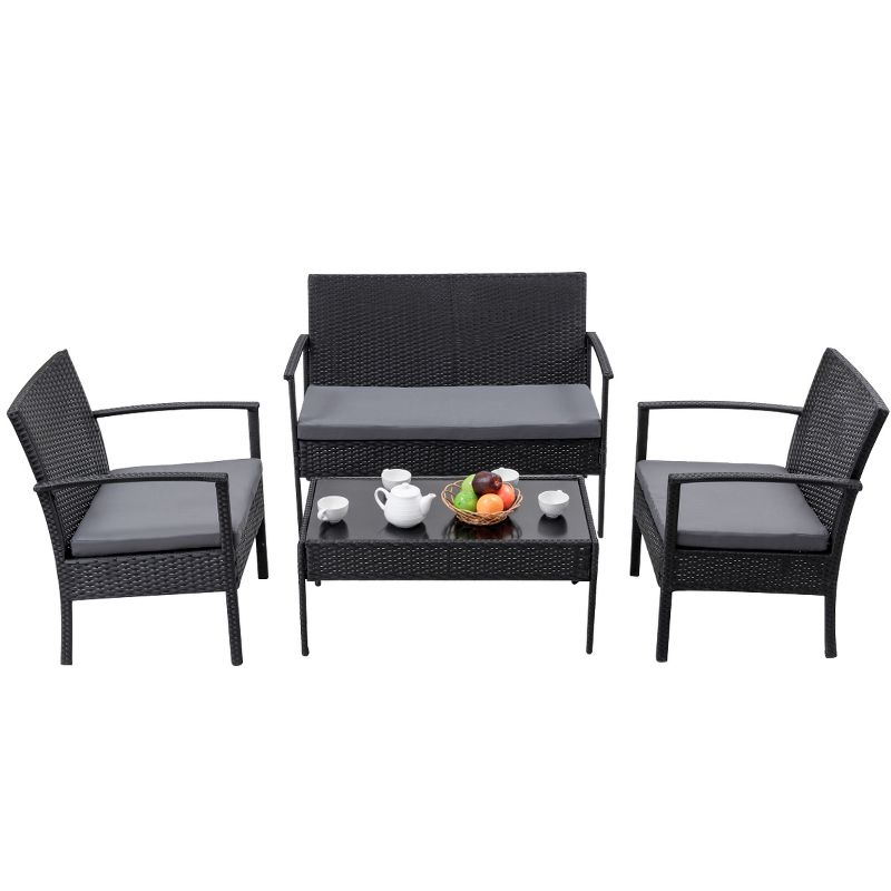 Tangkula 4 PCS Rattan Wicker Furniture Set Loveseat Sofa Cushioned Patio Outdoor Black, 2 of 9
