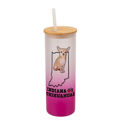 Elanze Designs The Hoosier State Indiana Loves Chihuahuas Pink and White Ombre Frosted Glass Travel Tumbler with Straw and Wooden Lid, 25 Ounce