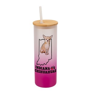 Elanze Designs The Hoosier State Indiana Loves Chihuahuas Pink and White Ombre Frosted Glass Travel Tumbler with Straw and Wooden Lid, 25 Ounce - 1 of 4