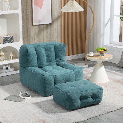 CAVINAS Fluffy Bean Bag Chair, Lazy Sofa Chair with Memory Foam and Ottoman, for Living Room, Bedroom, Apartment, Green