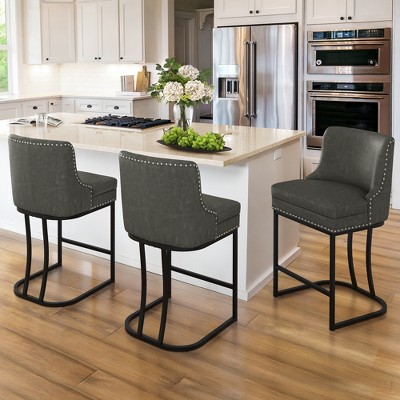 Bar Stools Set of 2, Modern Counter Height Bar Stools with Backrest Faux Leather Double Upholstered Barstools with Metal Frames for Kitchen Island