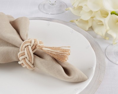 Braided Jute Tassel Napkin Rings Set of 4, Off-White