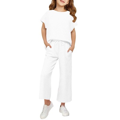 Mocamel Girl's Sports Simple Texture Casual Round Neck Short Sleeves and Loose Pant 2 piece Set