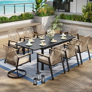Captiva Designs 9pc Spacious Slat-top Rectangle Metal Table with Umbrella Hole & Beige Rattan Cushioned Chairs - 1 of 4