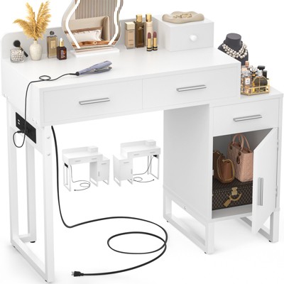 Aheaplus Vanity Desk with 4 Storage Drawers, Modern Makeup Vanity Table with Charging Station