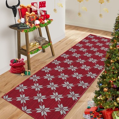 Checkered Festive Christmas Leaf Pattern Rectangular Rug Holiday Decor for Living Room Cozy Seasonal Mat Carpet
