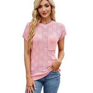 Womens Summer Tops Casual Crewneck Knit Short Sleeve Sweater Loose Fit Lightweight Shirts - 1 of 4