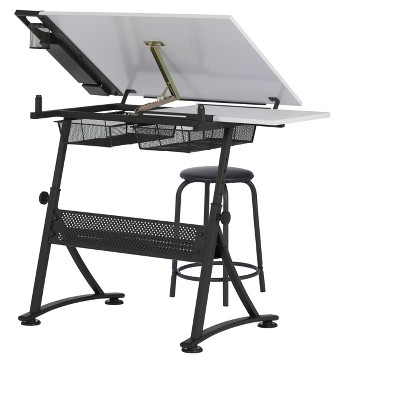 Adjustable White Metal Drafting Table with Storage Drawers