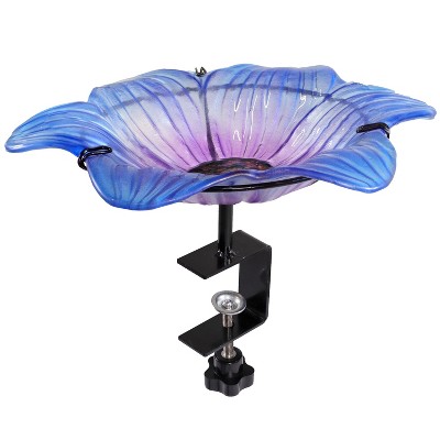 Blue Glass Flower Bird Bath with Copper Stake and Black Clamp