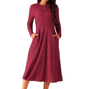 INSPIRE CHIC Women's Long Sleeve Round Neck Casual Stretchy A-Line Midi Dress - 1 of 4