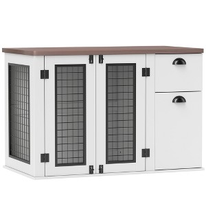 PawHut Furniture Dog Crate, 44" Dog Kennel Furniture End Table with Double Door, Storage & Drawer, Dog Crate Furniture for Medium Dogs, White - 1 of 4