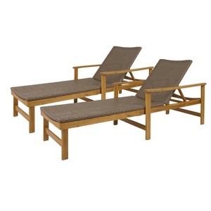 Hampton 2pk Acacia Wood and Wicker Chaise Lounges Natural/Mixed Mocha - Christopher Knight Home: Weather-Resistant Patio Furniture - 1 of 4