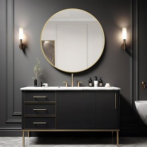 Vynxaria 42" Gold Metal Framed Round Bathroom Mirror: Whimsical Elegance for Modern Spaces - 1 of 4