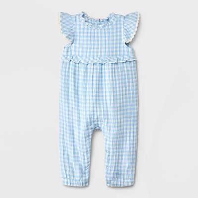 Image of Baby Girls' Gingham Sleeveless Romper - Cat & Jack™ Blue 0-3M
