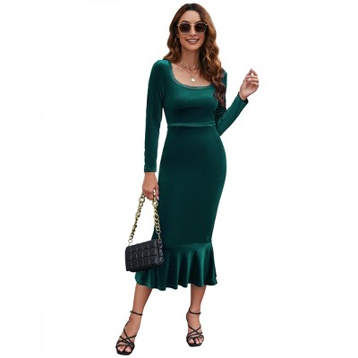 Women's Long Sleeve Velvet Dresses Square Neck Bodycon Dress Evening Party Cocktail Midi Wedding Guest Fishtail Dresses