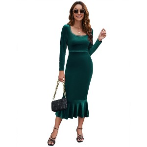 Women's Long Sleeve Velvet Dresses Square Neck Bodycon Dress Evening Party Cocktail Midi Wedding Guest Fishtail Dresses - 1 of 4