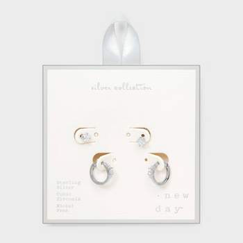 Sterling Silver CZ Hoop and CZ Stud Earrings 2pc - A New Day™ Silver