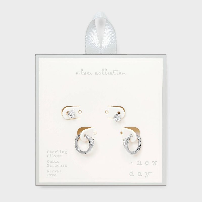Sterling Silver CZ Hoop and CZ Stud Earrings 2pc - A New Day&#8482; Silver, 1 of 3