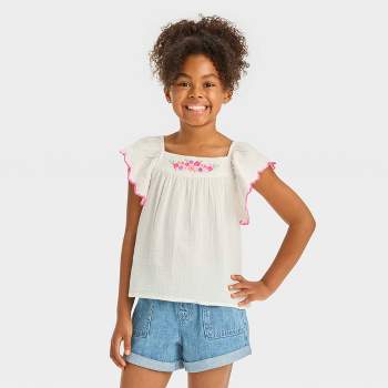 Girls' Ruffle Sleeve Woven Embroidered Top - Cat & Jack™