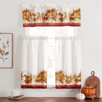 White Cotton Polyester Autumn Pumpkin Grove Kitchen Tier Curtains
