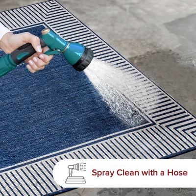 Navy and White Striped Synthetic Indoor/Outdoor Rug
