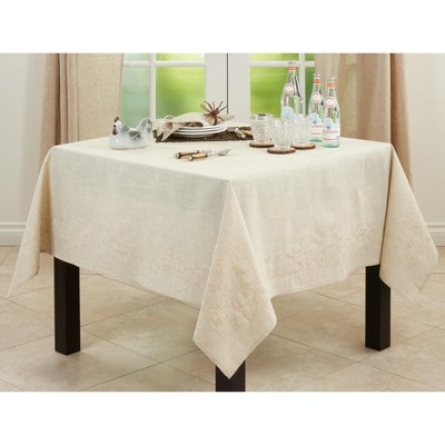 Natural Linen Blend Embroidered Swirl Tablecloth, 67" x 140"