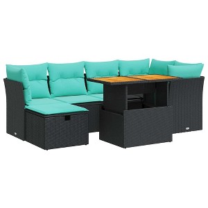 vidaXL 7 Piece Patio Sofa Set with Cushions Brown Poly Rattan Acacia - 1 of 4