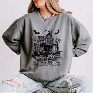 Simply Sage Market Haunted House Pumpkins And Bats Lightweight Garment Dyed Sweatshirt - 1 of 3