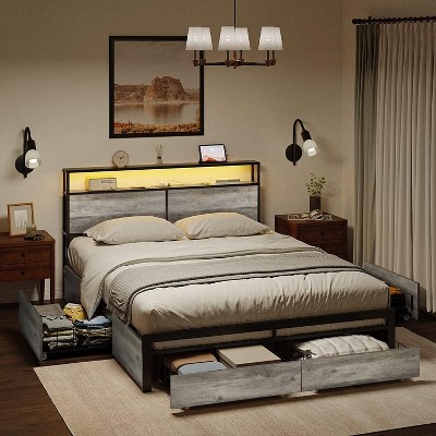 Hausource Unupholstered Bed Frame with LED Storage Headboard & 4 Drawers, Queen/Full/King
