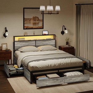 Hausource Unupholstered Bed Frame with LED Storage Headboard & 4 Drawers, Queen/Full/King - 1 of 4