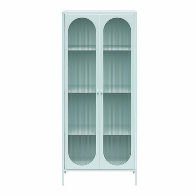 Sky Blue Tall Metal Accent Cabinet with Fluted Glass Doors