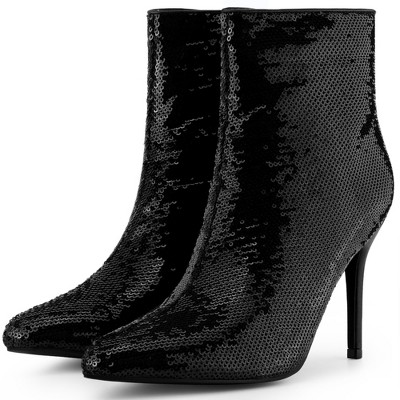 BLISSFUL STEP Women's Stiletto Heel Pointed Toe Party Sequin Dressy Ankle Boots