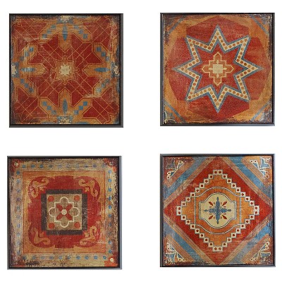 (Set of 4) 15" Square Moroccan Tile Gel Coat Deco Box Red: Madison Park Wall Art, Modern Abstract Geometric, MDF & Plastic