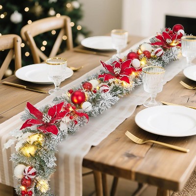 Christmas Garland for Fireplace, 6ft Pre Lit Xmas Garland with Artificial Flowers Pinecones Ball Ornaments for Mantle Fireplace Stairs