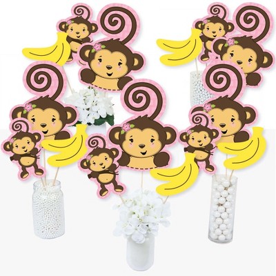 Big Dot of Happiness Pink Monkey Girl - Baby Shower or Birthday Party Centerpiece Sticks - Table Toppers - Set of 15