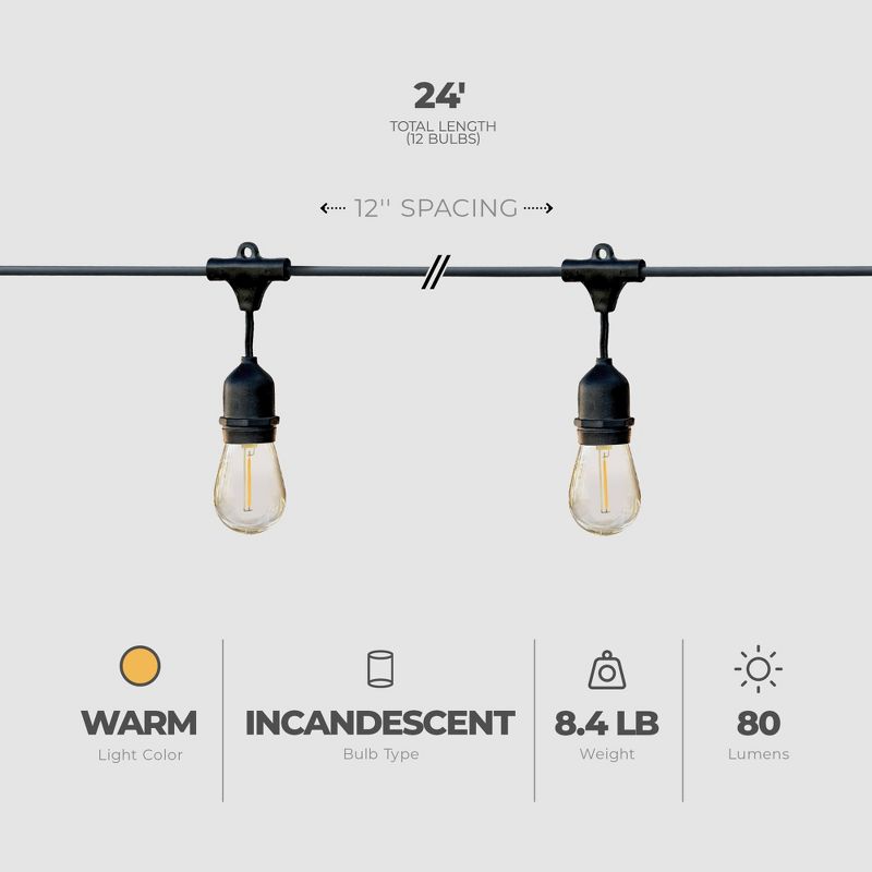 Globe 24 Feet 80 Lumens S14 Dublin LED Vintage String 12 Bulb Light Set, Includes 12 Sockets, Plug In, Black Cord and Bulbs for Indoor and Outdoor Use, 3 of 7