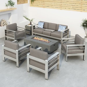 Christopher Knight Home Cape Coral Outdoor Aluminum 7 Seater Chat Set with Fire Pit - 1 of 4