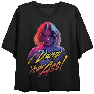 Stranger Things Eleven I Dump Your Ass Women’s Black Crew Neck Short Sleeve Crop Top - 1 of 3